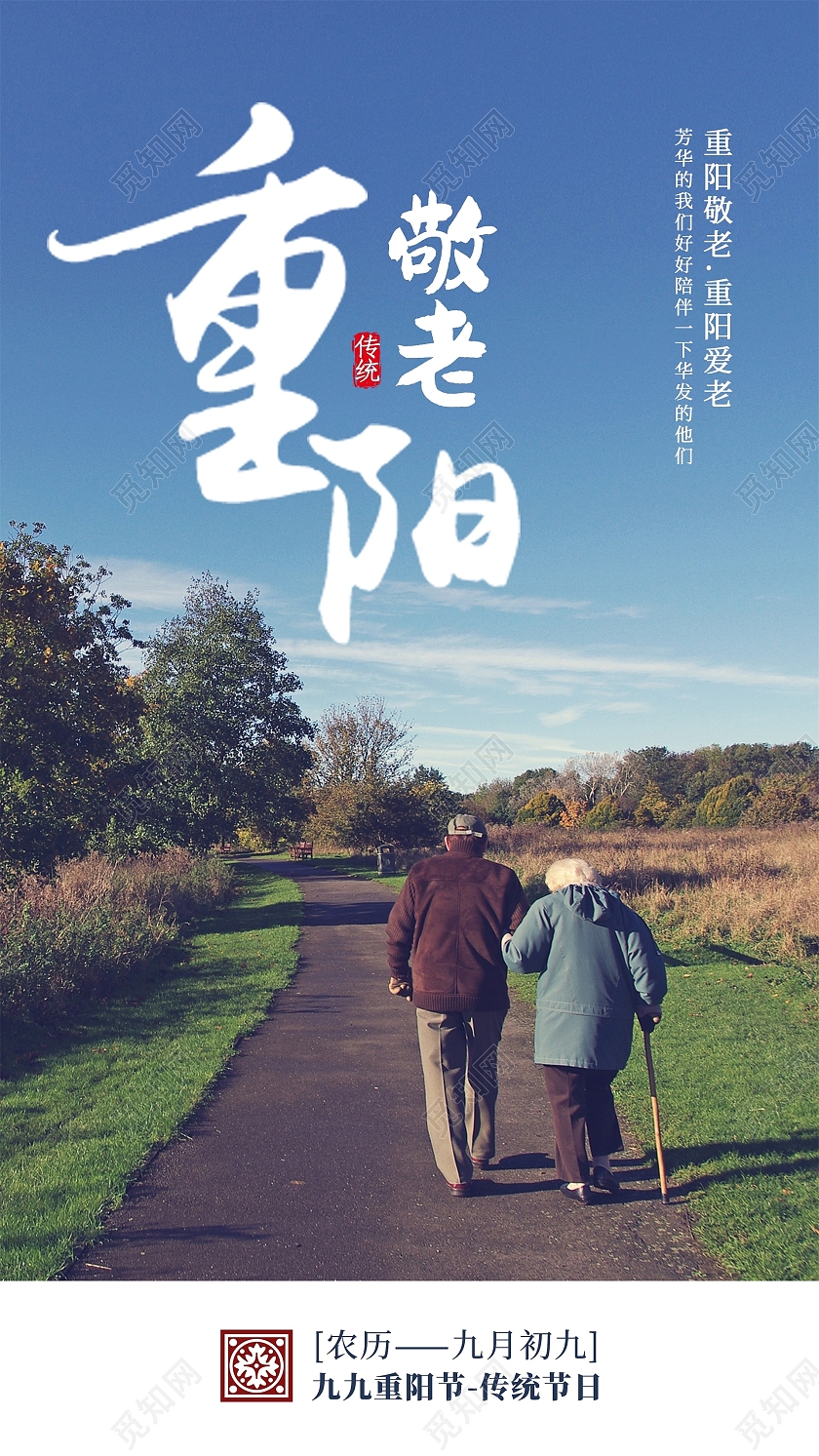 蓝色简约风重阳节敬老九九重阳节中国传统节日海报重阳节敬老海报