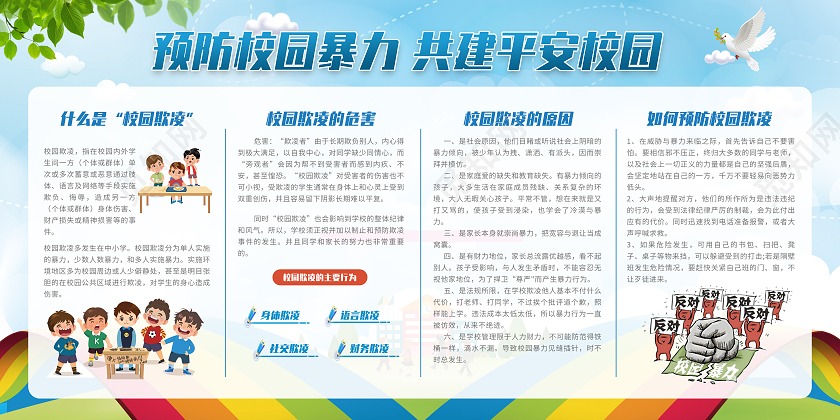 蓝色渐变卡通预防校园暴力共建平安校园宣传栏展板校园欺凌宣传栏