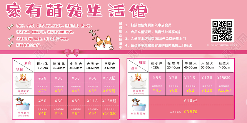 粉色温馨家有萌宠生活馆宠物美容价格表宣传展板宠物店价格表