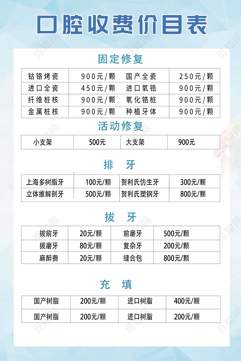蓝色小清新口腔收费价目表宣传海报口腔价格表