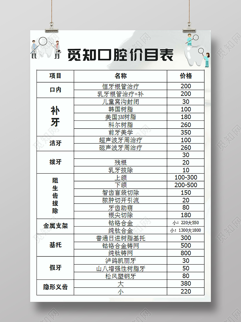 白色简洁口腔价目表宣传海报口腔价格表