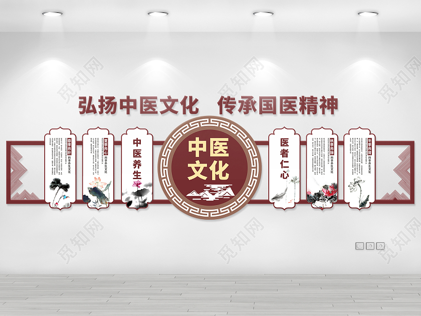 咖啡色中式风格中医养生知识文化墙医院文化墙