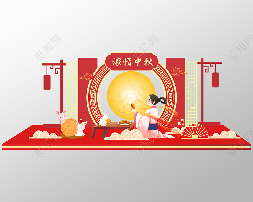 红色中式园林风格中秋地推美陈中秋节中秋美陈