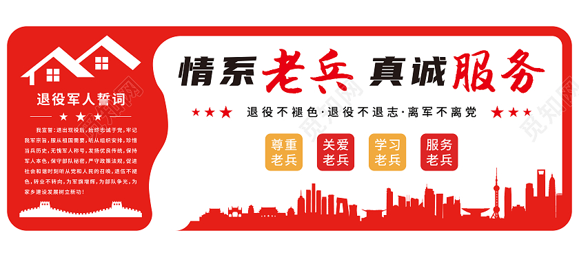 红色矩形人物剪影情系老兵部队文化墙