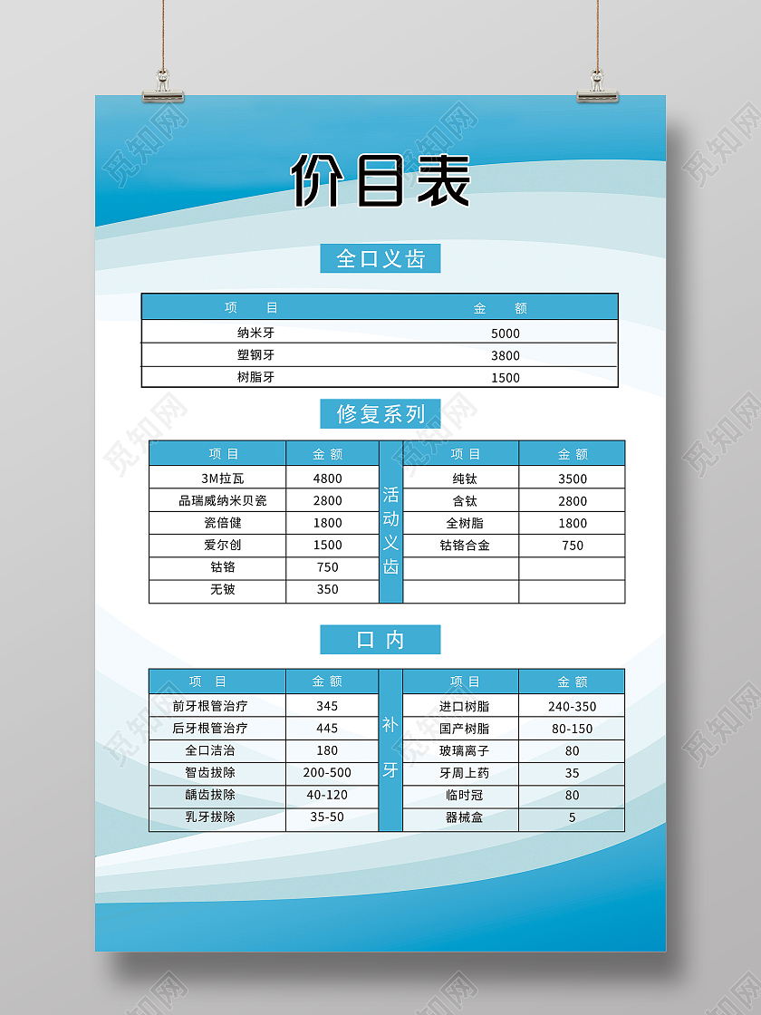 蓝色简洁口腔医院价目表宣传海报口腔价格表
