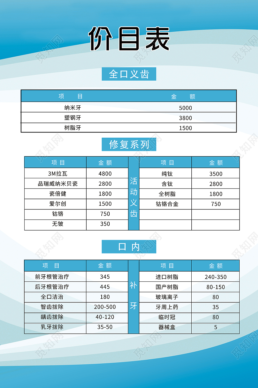蓝色简洁口腔医院价目表宣传海报口腔价格表