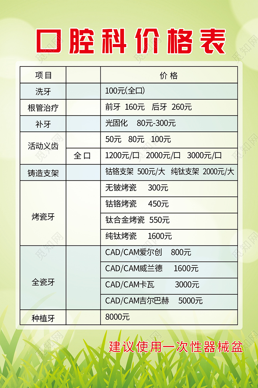 绿色小清新口腔科价格表宣传海报口腔价格表