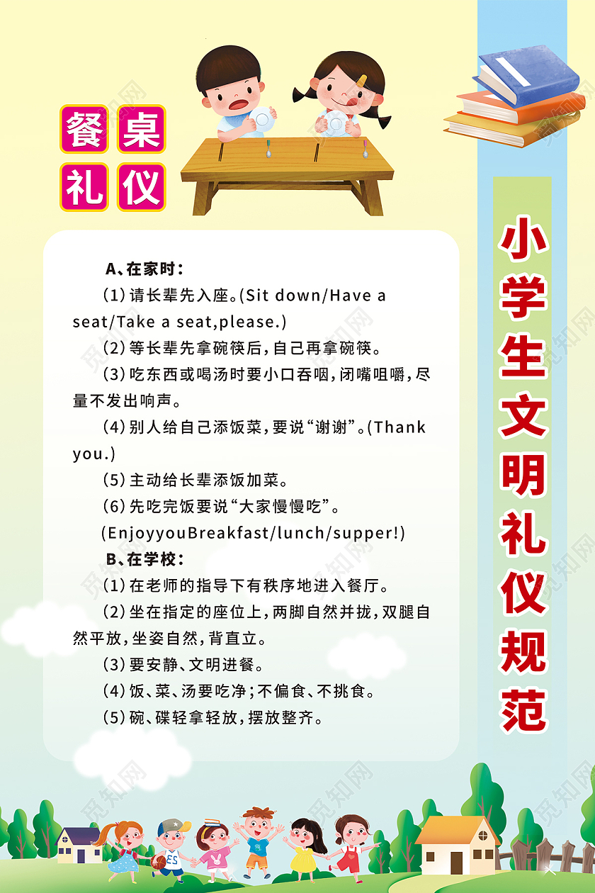 黄色清新卡通小学生文明礼仪规范餐桌礼仪海报