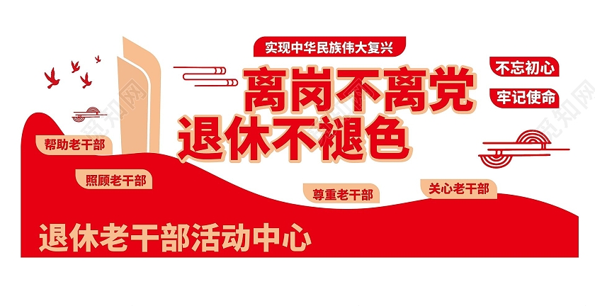 红色创意大气离岗不离党退休不褪色退休宣传文化墙设计退休文化墙