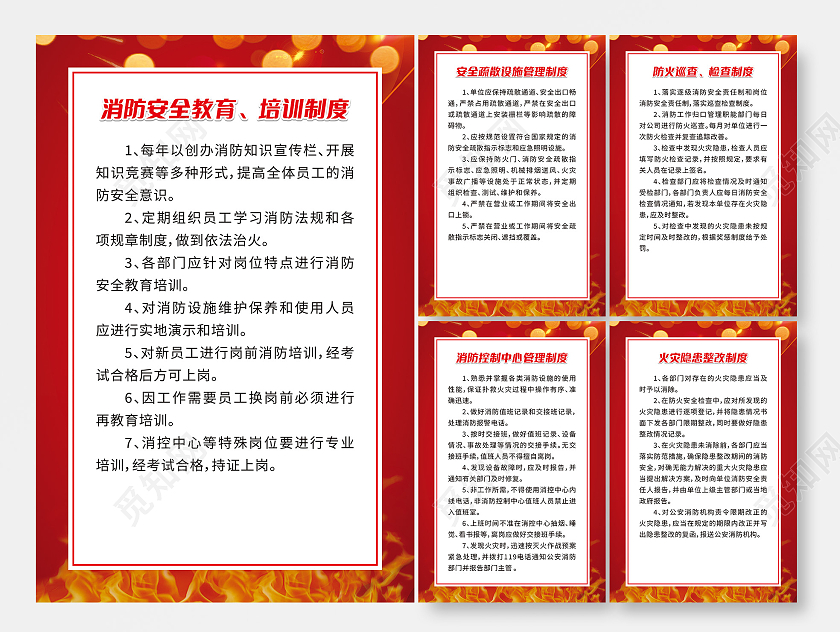红色火焰消防安全教育培训制度牌套图管理制度套图