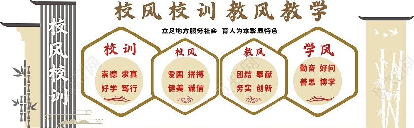 黄色温馨简约汉风校风校训文化墙教学教风