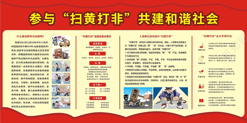 红色大气简约参与扫黄打非共建和谐社会宣传展板扫黄打非展板