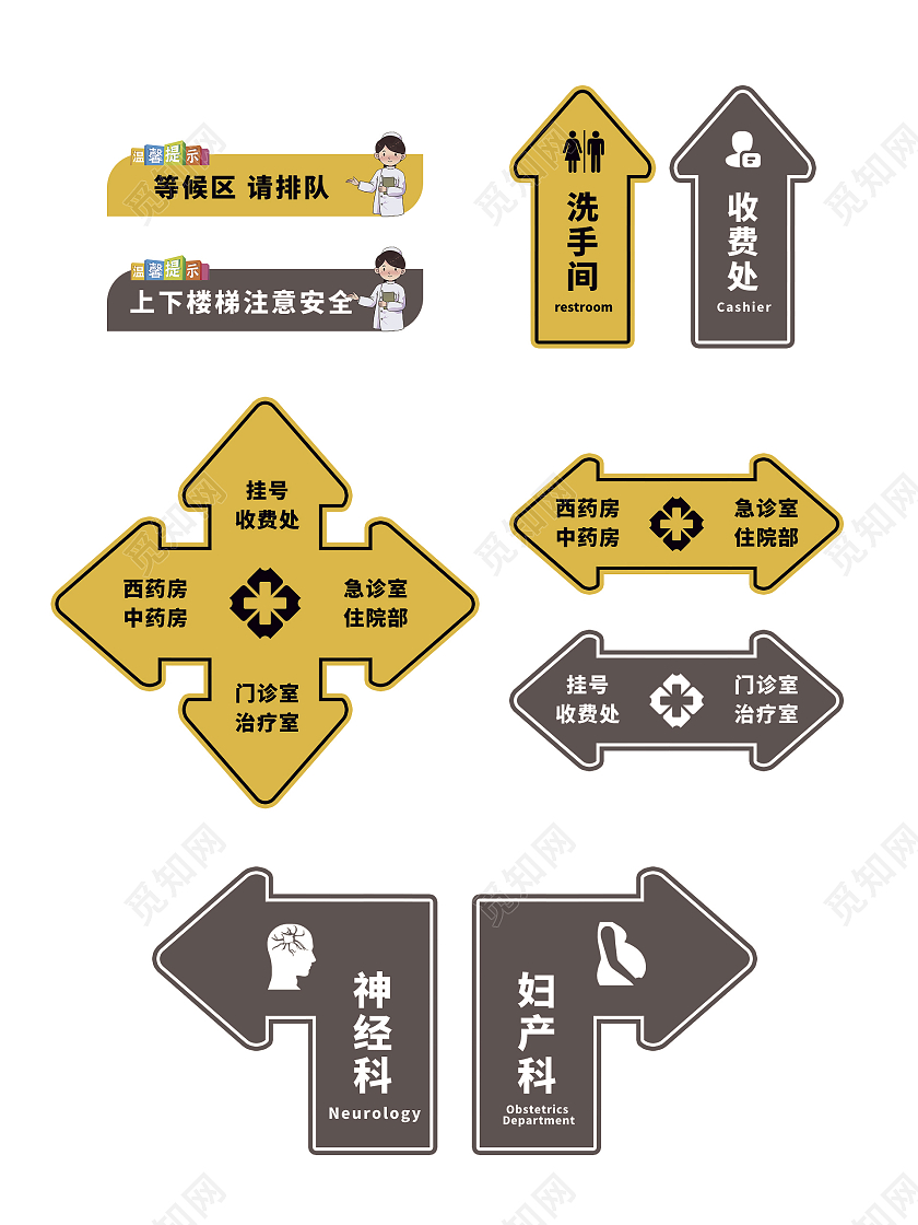 黄色简约箭头指示医院引导地贴医院地贴