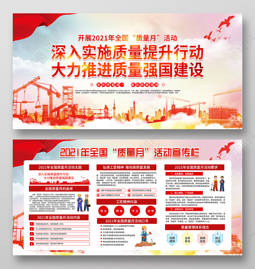 红色大气深入实施质量提升行动大力推进质量强国建设展板2021质量月展板