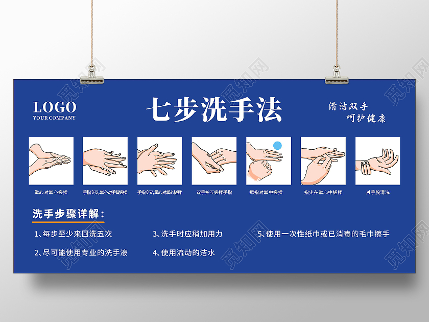 蓝色简约大气七步洗手法宣传展板宣传栏
