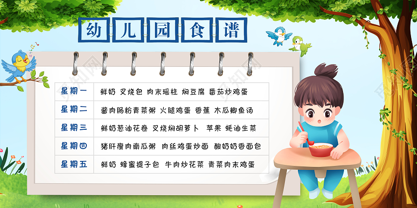 绿色可爱卡通幼儿园食谱展板宣传