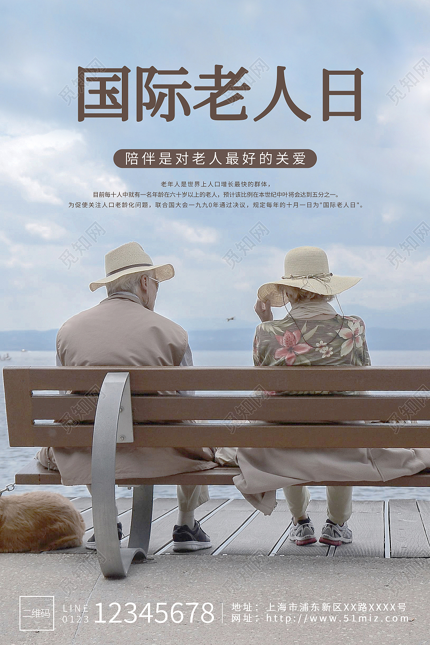 蓝天白云海边老人背影国际老人节海报国际老人日模板
