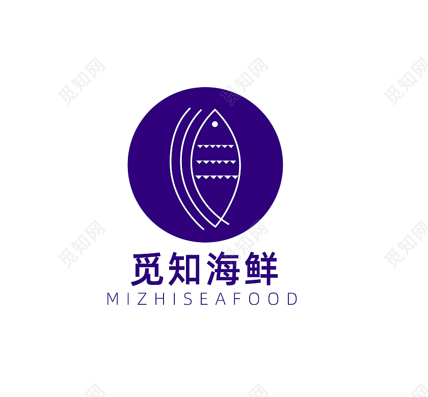 白色线条紫色背景简约觅知海鲜企业logo设计