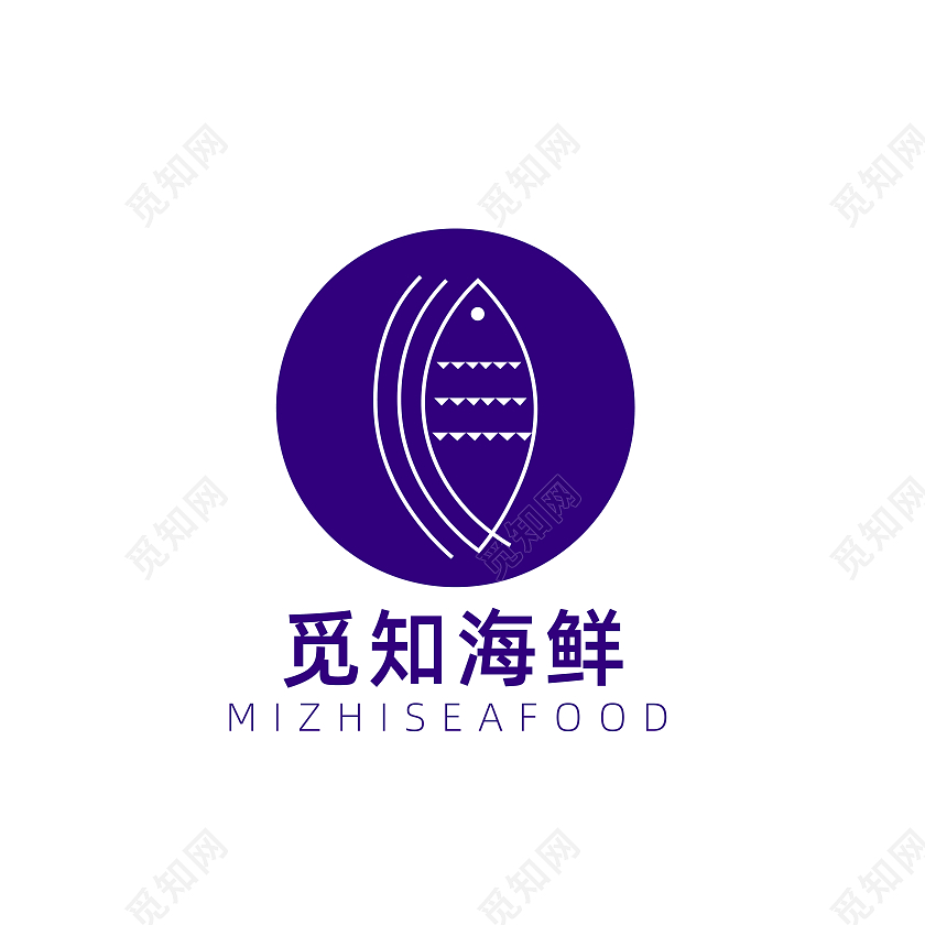 白色线条紫色背景简约觅知海鲜企业logo设计