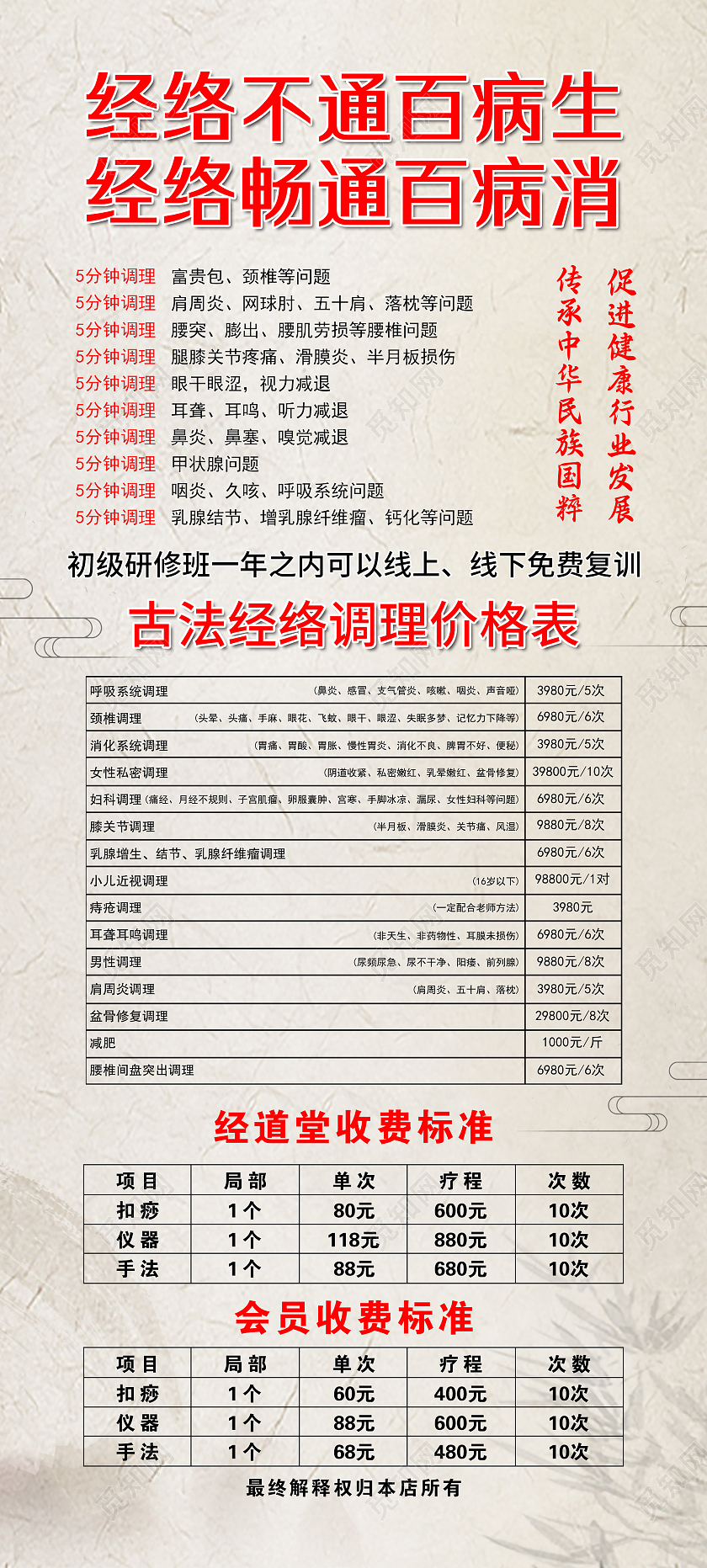 灰色简约经络不通百病生养生馆价格表宣传展架易拉宝