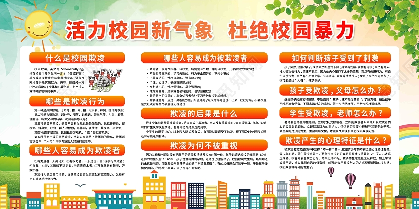 橙色活力校园新气象杜绝校园暴力宣传栏校园欺凌宣传栏