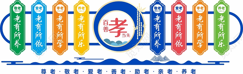 蓝色简约大气老有所依老有所乐养老院文化墙