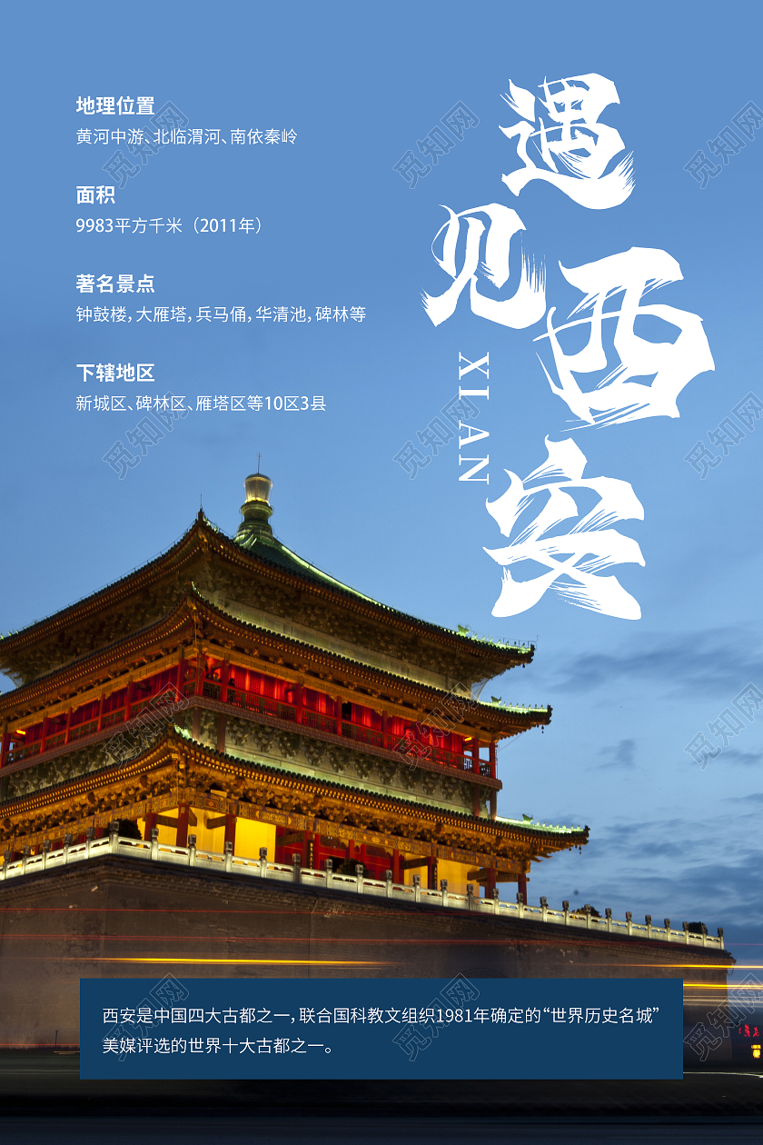 蓝色简约遇见西安旅游宣传海报模板西安旅游海报