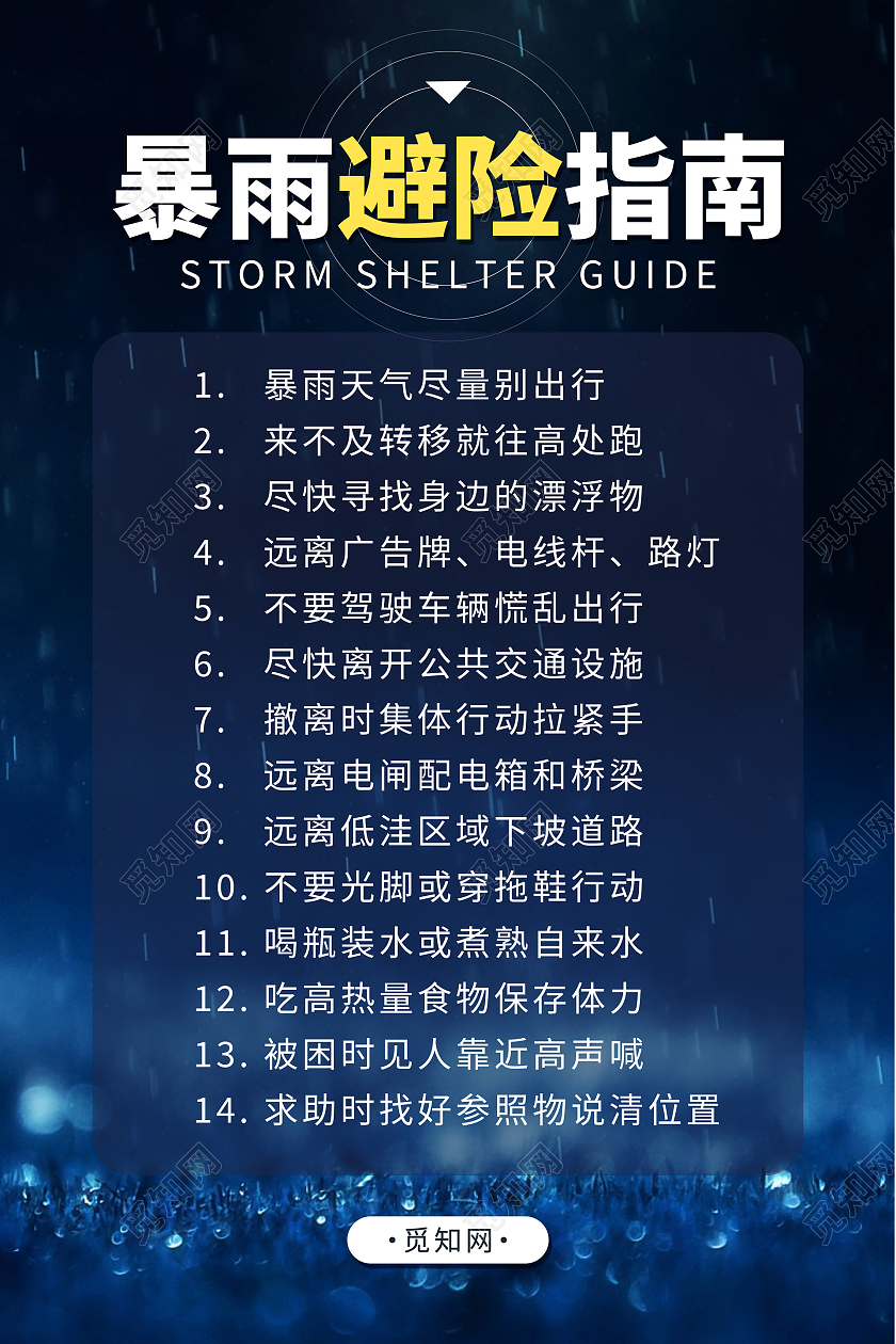 蓝色简约暴雨避险指南暴雨避险宣传海报