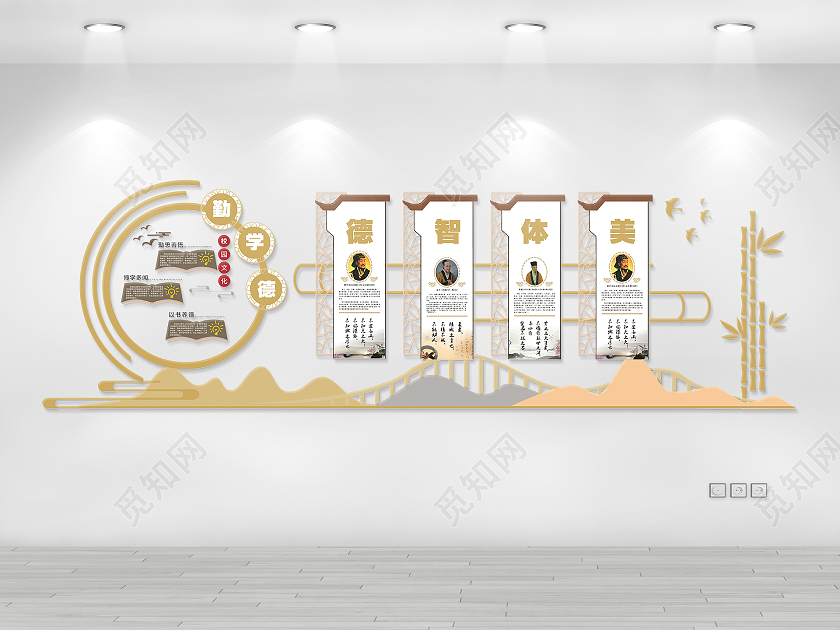 黄色温馨自然校风校训文化墙德智体美