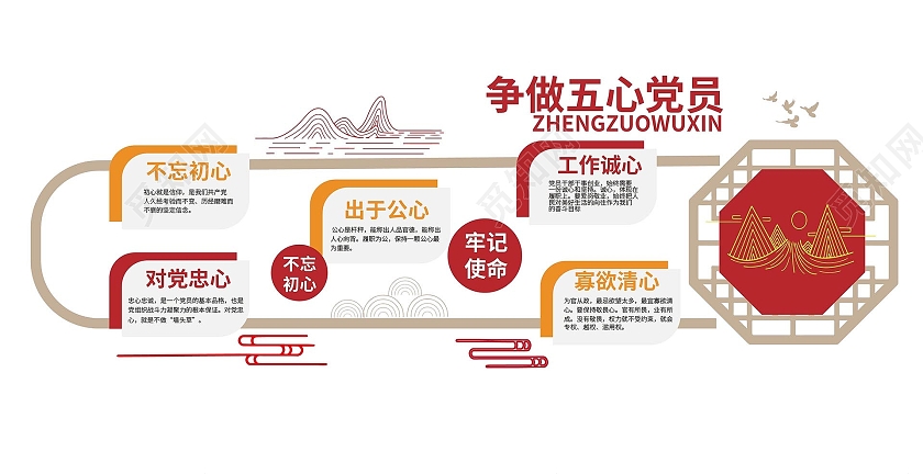 红色简洁大气创意争做五心好党员文化墙设计五心党员文化墙