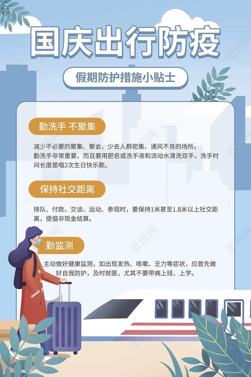 卡通插画假期防疫措施小贴士国庆出行防疫海报国庆安全