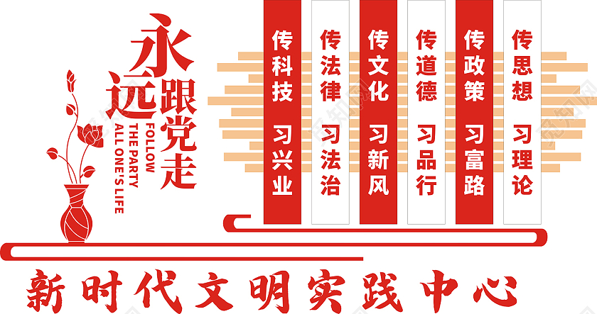 红色庄重简约新时代文明实践中心永远跟党走新时代文明实践文化墙