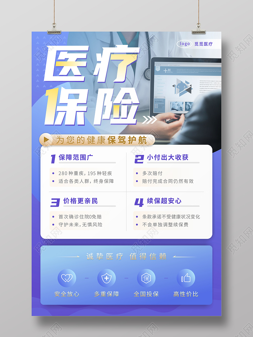 蓝紫色医疗保险健康保障渐变海报