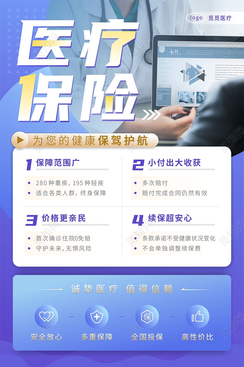 蓝紫色医疗保险健康保障渐变海报