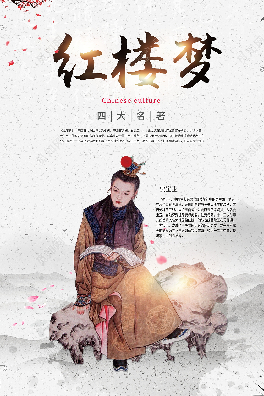 浅灰色古风红楼梦贾宝玉红楼梦古风海报