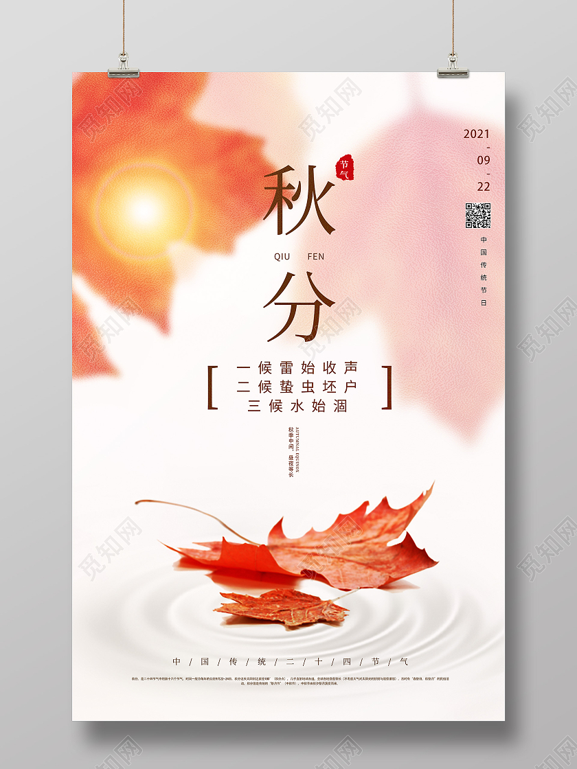 清新简约二十四节气之秋分节气海报