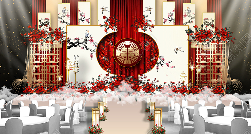国风浪漫红色结婚婚礼舞台中式光线婚庆