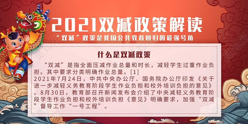 红色简约2021双减政策解读宣传展板双减