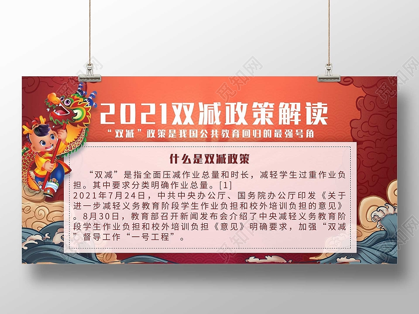 红色简约2021双减政策解读宣传展板双减