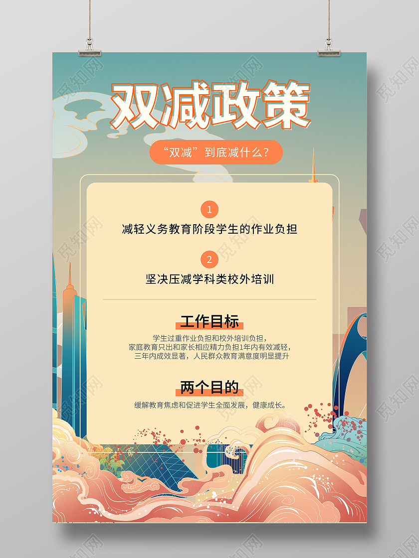国潮风格国家双减政策实施海报展示