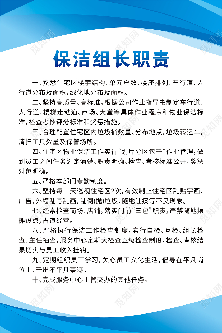 蓝色不规则线条保洁员管理制度牌蓝色制度套图