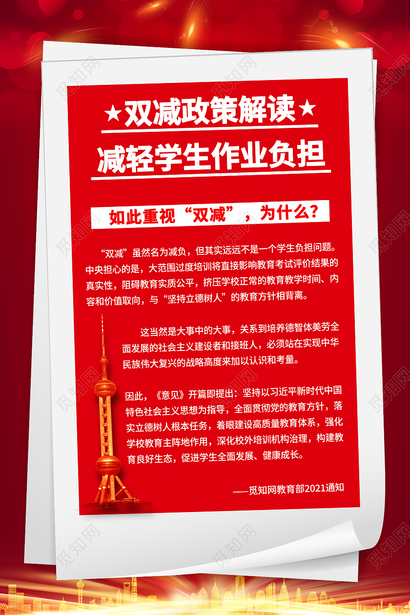 红色大气双减攻策解读双减落地海报模板