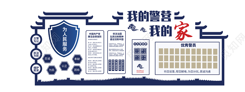 蓝色简约清新公安警营文化文化墙背景公安文化文化墙