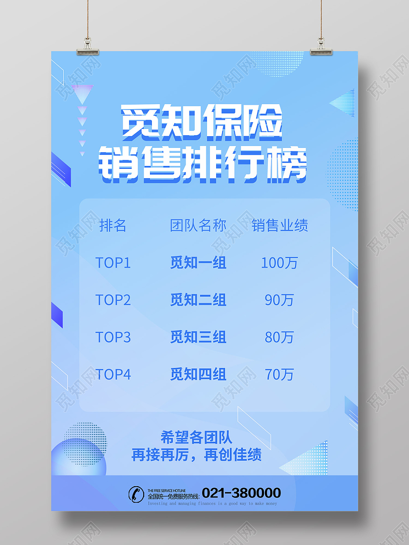 蓝色扁平化觅知保险销售排行榜海报