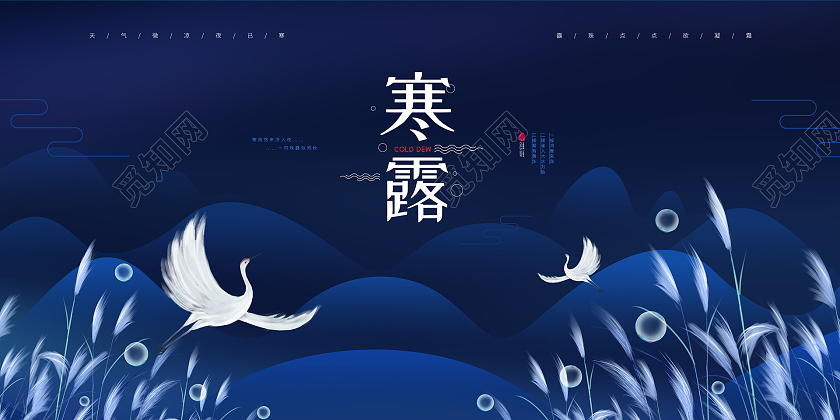 蓝色大气卡通插画寒露节气宣传展板