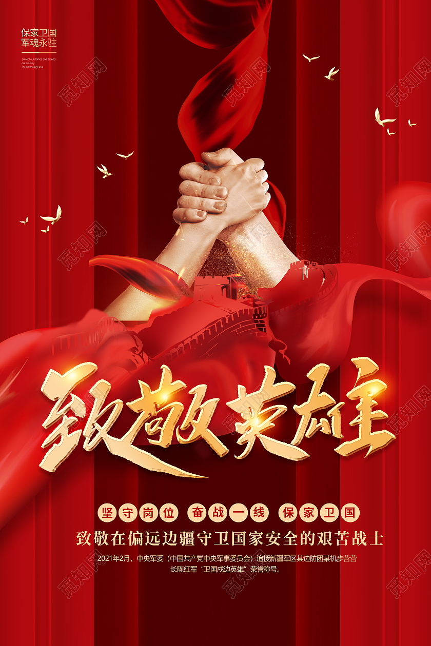 卡通红色简约创意大气致敬卫国戍边英雄宣传海报
