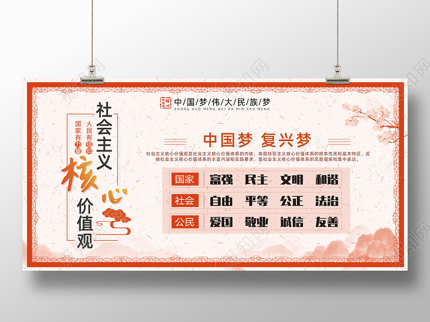橘色水墨简约中国风社会主义核心价值观宣传展板