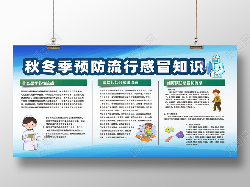 蓝色简约秋冬季预防流行感冒知识宣传展板知识宣传栏