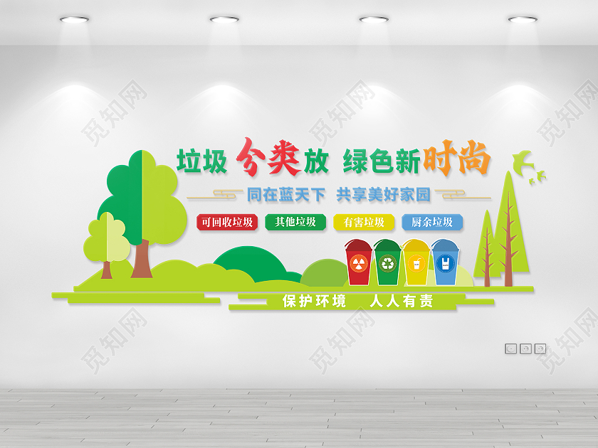 绿色简约卡通简约垃圾分类放绿色新时尚环保文化墙