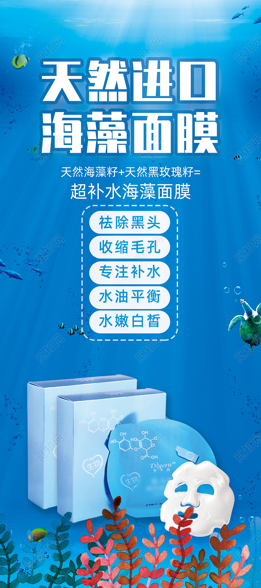 蓝色梦幻海底世界天然进口海藻面膜展架